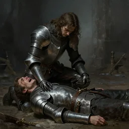 masterpiece a knight kneeling over his dead dead dead fellow knight lying before him and crying crying crying, by Greg Rutkowski Thomas Kincade, detailed, 4k, cinematic, intense, gritty, fantasy, two characters, melancholy