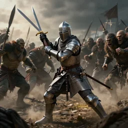 a brave knight fighting a horde of orcs, epic battle, dramatic light,