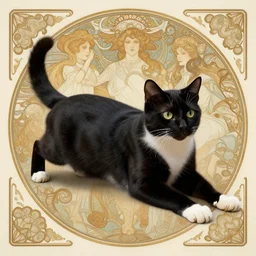 tuxedo cat stretching out, fantasy, intricate, elegant, hyper detailed, ultra definition, photoreal, artstation, unreal engine rendered, concept art, smooth, sharp focus, illustration, art by artgerm and greg rutkowski and alphonse mucha and garis edelweiss