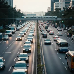 a stunning aesthetic wallpaper of a city highway full of traffic with a train track and bus lane nearby, photograph by clemens ascher, 8 k, soft focus, cinematic lighting, trending on flicker, super resolution.