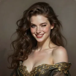 “ daria strokous as femme fatale smiling and winking, intricate, elegant, highly detailed, digital painting, artstation, concept art, smooth, sharp focus uhd 8 k, art by artgerm and greg rutkowski and alphonse mucha ”