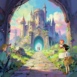 a vibrant emotional digital 3 d cg of stone pathway through portal to dystopian post - apocalyptic abandoned castle, studio ghibli, pixar and disney animation, sharp, disney concept art maximalist splatter paint illustration by shinji kimura and alphonse mucha and alena aenami, iridescent pastel color palette, dramatic lighting