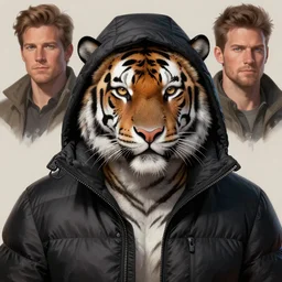 a beautfiul award winning aesthetic commission of an antrho albino tiger wearing a black padded hooded puffer jacket,digital art,art by artgerm,character design by charles bowater,ross tran,photorealistic,detailed face,hyperdetailed,western comic,2021,artstation,deviantart