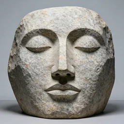by brothers grimm vaporwave. a art installation of a large granite boulder carved to resemble a human face. the nose is slightly upturned, & the eyes & mouth are closed.