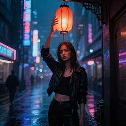 cyberpunk city at night, night clubs and neons, rain, girl under lantern