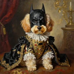 batman by greg hildebrant fancy rococo baroque regal puppy oil painting high quality award winning clothed in fancy garb