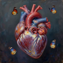 whimsical imaginal cephalopods emerging like butterflys from a cocoon that looks like a photorealitic anatomical visceral human heart, in the surreal style of an oil painting by kandinsky