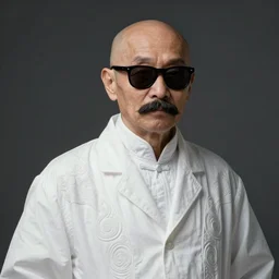 asian old skinny scientist, full, bald, big moustache, black sunglasses, white gown, intricate, elegant, digital painting, highly detailed, artstation, sharp focus, concept art, illustration, artgerm, aleksi briclot, rutkowski