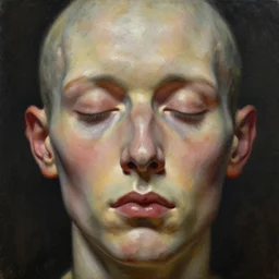 highly detailed and textured painting of a deformed anatomical face portrait, closed eyes, emotionally expressive, highly detailed impasto oil painting, soft light, 1 6 k, cinematic composition, cinematic lighting, sharp focus, masterpiece by adrian ghenie and jenny saville and james jean and alphonse mucha and android jones and lucian freud,