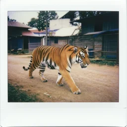 polaroid of a tiger roaming a town