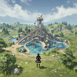 Screenshot from Nier Automata, beautiful landscape at a water park