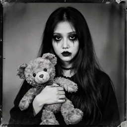 eery evil ghost girl with long hair, big cut on face, big black eyes, black clothes, horrorific, holding a dirty and torn teddy bear, old tintype photo with cratches,
