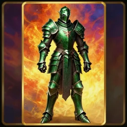 videogame card painting of an elegant dark - green steel - plate armor artstation, rpg, digital art, vibrant background, dark souls, runescape, skyrim, final - fantasy, diablo - 3