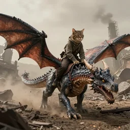 Cat riding a dragon through a post apocalyptic wasteland