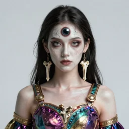 columbine goddess with third eye dressed with metallic colorful clothes, bone earings, cracked dried pale skin, deep eyes, freak circus, dark surrealism, photograpy winner, photorealistic