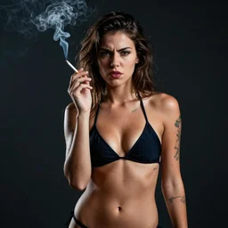portrait of a girl in bikini smoking a cigarette, 3 0 yo, angry look, tattoos, dark background, smoke, volumetric light, studio light, hdr, nikon 3 5 mm f / 1. 8 g, by sebastiao salgado