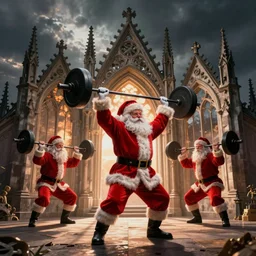 santa lifting weights, squats, gothic triptych