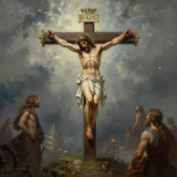 fantasy painting with Jesus on the cross environment by Greg Rutkowski and Michael Whelan, very detailed, high quality