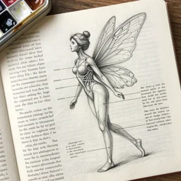 anatomical diagram pencil sketch of a fairy, insanely detailed, labeled diagram, medical illustration, insanely intricate, written notes, text, journal paper, watercolor, stains