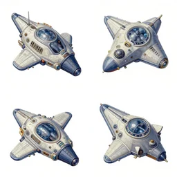 isometric sprite sheet closeup of spaceship in gouache detailed paintings rotated left rotated right props stylised