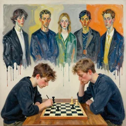 one young chess player concentrating by james jean and luc tuymans and vincent lefevre and hernan bas and pat steir and hilma af klint, psychological, dripping paint, high quality render, masterpiece