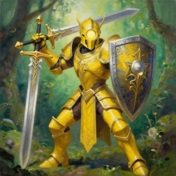 full body, attack position abstract painting in lush fantasy environment of a ornate holy warforged with circular glowing eye, character in yellow armor holding a legendary paladin engraved holy great longsword and carrying a huge heavy paladin shield, face in focus, epic , trending on ArtStation, masterpiece, clean, simple head, cinematic lighting, by Delphin Enjolras and by Ruan Jia