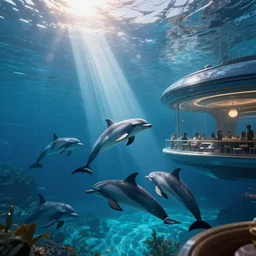 Futuristic restaurant under water with dolphins and people inside. Rays of light shines through the water and dust clouds everywhere. Cinematic, ArtStation, realistic photograph, ambient, rays, lens flares. Unreal Engine, Blender, Maya, rendered by Octane, Arnold.