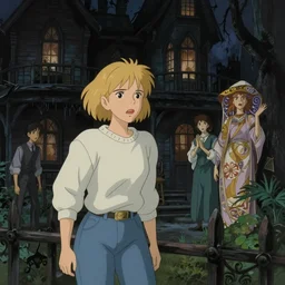 scene of a scared blonde woman exploring a spooky haunted house, sweater and jeans, film still, finely detailed features, digital painting, tankobon, studio ghibli, by ilya kuvshinov and krenz cushart and alphonse mucha and william - adolphe bouguereau