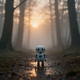 tiny cute robot in foggy and wet woods, sundown, moody, by simon stalenhag, greg rutkowsky, artgerm