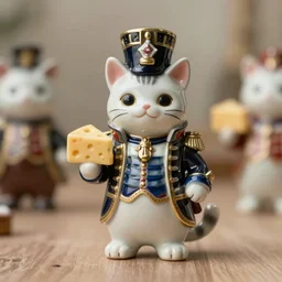high quality presentation photo of a detailed porcelain figurine of a cute cat dressed as Napoleon holding a piece of cheese, photography 4k, f1.8 anamorphic, bokeh, 4k, Canon, Nikon