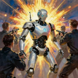 a robot cop arresting people, painted by ashley wood