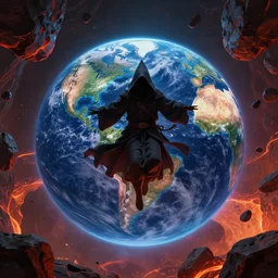 a mysterious hooded wizard falling towards the center of the Earth, rocks falling, lava in the background, digital art highly-detailed
