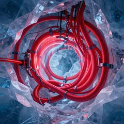 geometric glossy ice cavern with red watercooling coolant tubing and jitter effects, spiky edges, octane render, raytracing, subsurface scattering, global illumination, 8 k, album cover