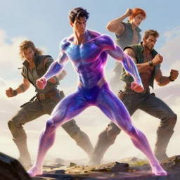 translucent realistic slim muscular superhero in battle, fantasy digital art, vivid color style artstation, style greg rutkowski and frank frazetta and mucha and richard corben, octane render, unreal engine 6, epic game graphics, fantasy, conceptual art, ray tracing