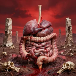 a landscape made of giant intestines and other organs, monoliths of bone, rivers of blood, under an oppressive red sky