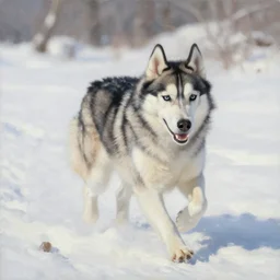 huskey dog running in white snow, oil painting, detailed, natural light, extra crisp, realistic