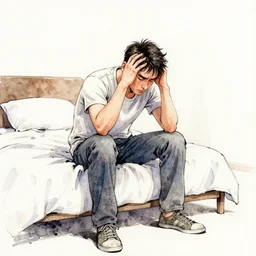 watercolour and ink painting of a man sat on a bed with a hangover