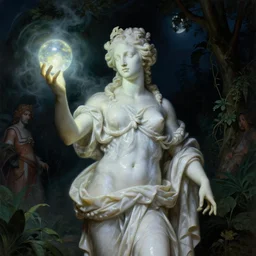 a baroque neoclassicist portrait of a marble statue holding dimly glowing orbs in a moonlit botanical courtyard at night. reflective textures. glowing fog. highly detailed fantasy science fiction painting by moebius, norman rockwell, frank frazetta, and syd mead. rich colors, high contrast, gloomy atmosphere, dark background. artstation