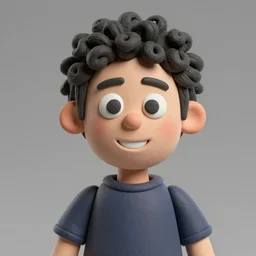 claymation character, man with black curly hair, t shirt and a smile