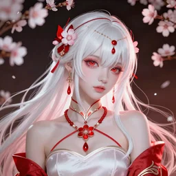 albino maiko long hair, jewelry, sakura flower, red and white neon, concept art, intricate details, highly professionally detailed, cgsociety, highly detailed -