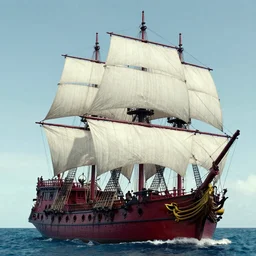 a pirate ship with white sails and crimson hull with 3 masts, dslr photo, movie shot