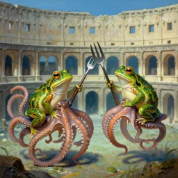 two frogs riding octopi, jousting with forks, underwater colosseum, by terry o'neill intricate, elegant, highly detailed, digital painting, glistening skin, artstation, concept art, smooth, sharp focus, bold lighting, illustration, art by artgerm and greg rutkowski and alphonse mucha, 8 k