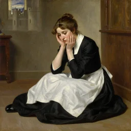 painting by Edmund Blair Leighton of a beautiful barmaid sitting on the floor, looking sad, detailed face, touching her face, the interior of a medieval castle in the background, 4k oil on linen by Edmund Blair Leighton, highly detailed, soft lighting 8k resolution