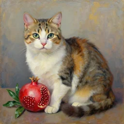 impressionist oil painting of a hybrid cat pomegranate
