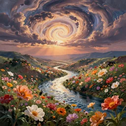 digital painting surrealism flower river valley at sunrise surreal swirly sky esao andrews victor enrich dali