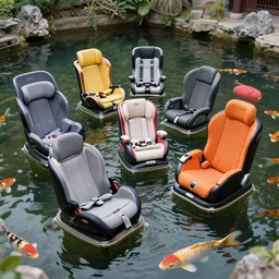 car seats floating in a koi pond, 8 k