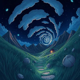 an electric pokemon, nightly, spiral, naive nerikomi, weird perspective, extra narrow, detailed illustration, lit by flashlight, scenic spiral environment by rhads from lorax movie, trending artstation, true color, fisheye, grass field mountainous terrain, spiral clouds