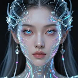 very beautiful woman, bionic pupils, full face frontal centered, portrait, detailed intricate symmetrical ornate neon cables connected to head, clear lips, luxurious long hair, sophisticated futuristic neon fractal wiring and implants, translucent, porcelain, fractal, sci fi, dramatic lighting, photography, highly detailed, artstation, deviantart, 8 k, by chie yoshii