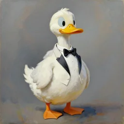 man anthropomorphic duck wearing a white tuxedo oil on canvas full shot trending on artstation