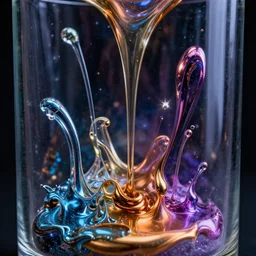 an array of different liquid metals poured into a glass container, cosmic style, marvelous style